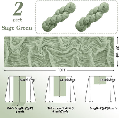2Pack Sage Green Table Runner 10FT Cheesecloth Table Runner 35x120Inch Long Boho Gauze Cheese Cloth Table Runners Rustic Sheer Table Runners for Wedding Baby Shower Bridal Shower Decor
