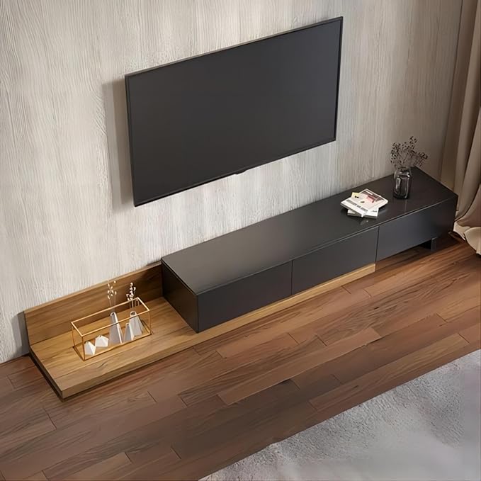 homary Wood Extendable TV Stand Rectangle Entertainment Center Media Console with 3-Drawer (Black & Walnut)