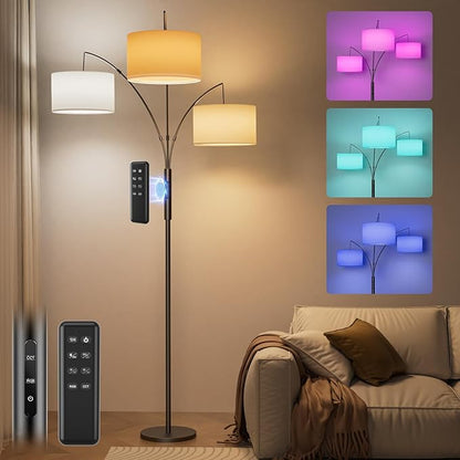 SIBRILLE 36W RGB Arc Floor Lamp with 3 White Fabric Shades, 3000LM Super Bright Standing Lamp with Remote Control & Touch, Stepless Dimming, Individual Light Control for Living Room, Bedroom