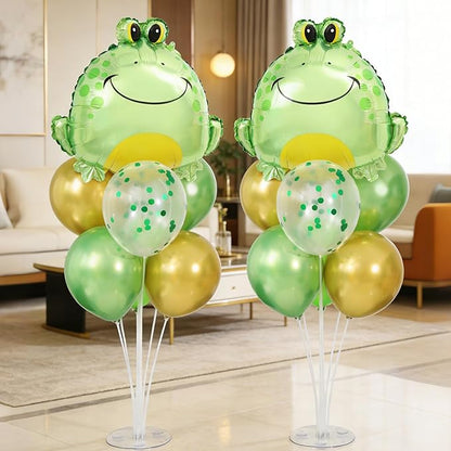 Frog Balloons Centerpieces for Tables 2 Sets, Green Frog Balloons Stands for Table, Frog Birthday Party Decorations with Frog Head Aluminum Foil Balloons for Frog Birthday Decorations