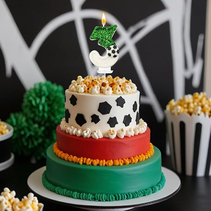 Birthday Candles，Soccer Birthday Decorations，Soccer Cake Topper,for Girl and boy Cake Toppers, Wedding Cakes, Anniversaries, Party Celebrations, Birthday Decorations (Green White, Number 3)