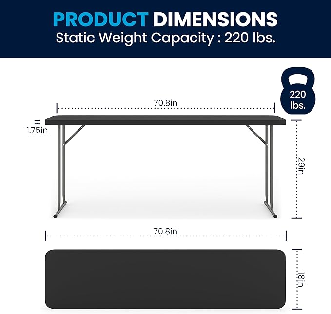 Flash Furniture Kathryn 6' Rectangular Plastic Folding Table, Long Plastic Foldable Table for Indoor/Outdoor Events, Black