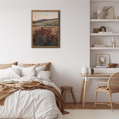 Moody Landscape Wall Art Vintage Wildflower Wall Decor Painting Cottagecore Nature Botanical Flower Picture Artwork 3D Textured Hand Drawn Sandstone for Living Room Bedroom 16x24 inch Wood Framed