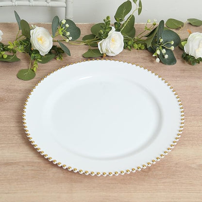Efavormart 10-Pack Economy Plastic Charger Plates 13" Round White with Gold Beaded Rim - Stylish Dinner Party Serving Plates