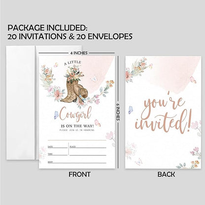 AEHIE 20 Sets Baby Shower Shaped Fill-In Invitations With Envelopes, A Little Is On The Way Party Invitations Invite Cards for Baby Girls West, Western Newborn Invites