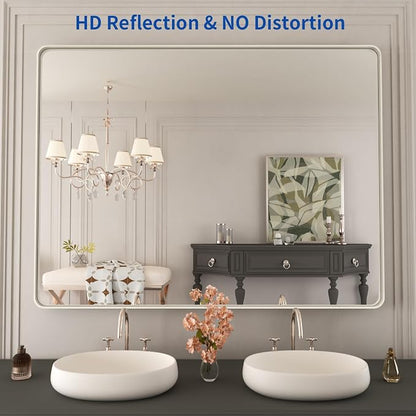 WEER 48X36 Inch Brushed Nickel Bathroom Mirror, Brushed Silver Metal Frame Mirror, Rounded Rectangle Silver Bathroom Vanity Mirror, Tempered Glass, Anti-Rust, Hangs Horizontally or Vertically