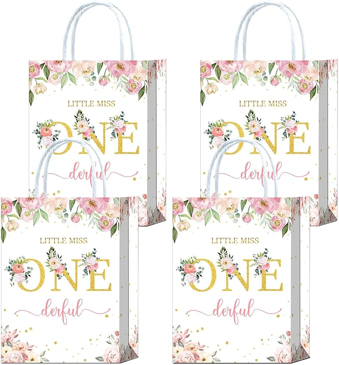 Tyndallrays 16 Pieces Miss Onederful One First Birthday Party Favors Bags,Onederful 1st Birthday Girl Gift Snacks Treat Candy Party Favors Bags with Handles for Girls 1st Birthday Party Decorations
