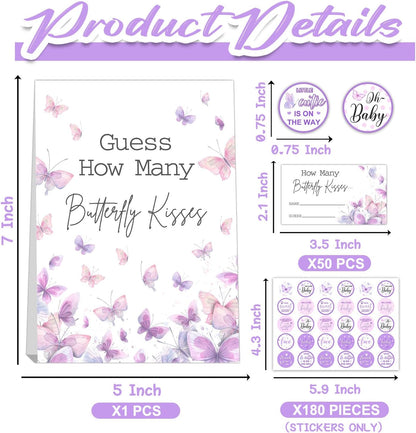Butterfly Kisses Baby Shower Game Set - Guess How Many Kisses, 50 Cards, Standing Sign, 180 Stickers