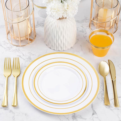 BESTVIP 600PCS Gold Plastic Plate Set (100 Guests), Plastic Plates for Party Wedding Birthday, Disposable Dinnerware Set of 200 Plates, 200 Forks, 100 Spoons, 100 Knives for Christmas, Thanksgiving