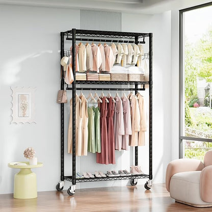 Heavy Duty Rolling Garment Rack 3 Tiers with Wheels,Metal Portable Closet Rack,Freestanding Clothes Rack,Closet Organizer System with 23.6" W x 15.7" D x 76" H, Max Load 400Lbs (Black)