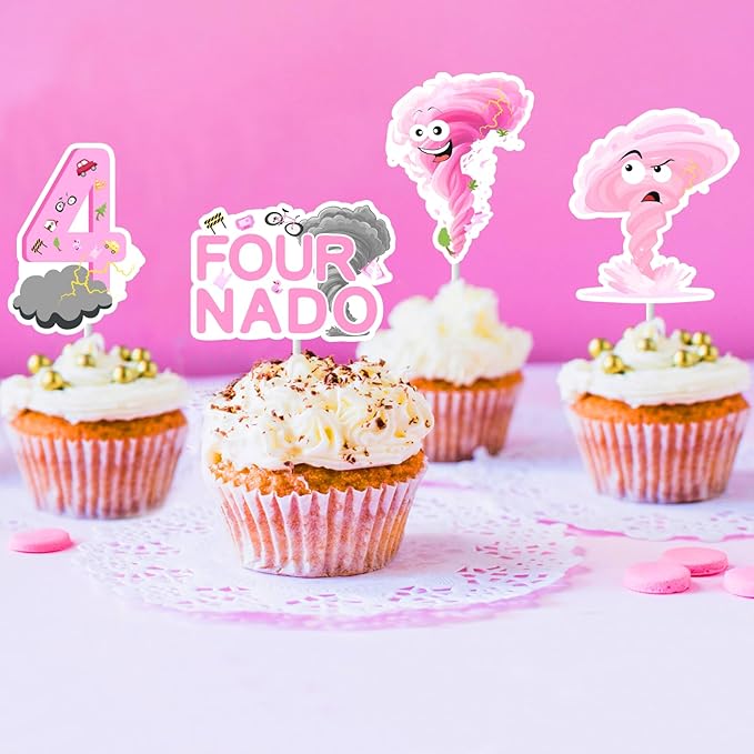 Cheereveal 36Pcs Fournado Birthday Cake Decorations, Tornado Cupcake Toppers, Pink Weather Storm Theme 4th Bday Baby Shower Cupcake Picks Party Supplies