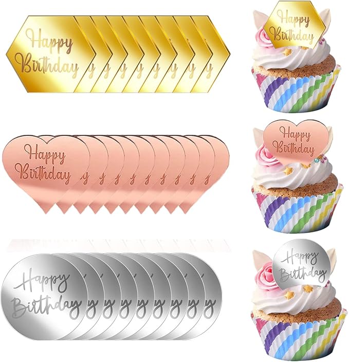 30 PCS Happy Birthday Cake Disc Mini Acrylic Cake Toppers, Mirror Acrylic Cupcake Toppers DIY Heart Round Hexagon Shape Engraved Cake Topper Charms Cake Cupcake Decorations for Birthday Party Decor