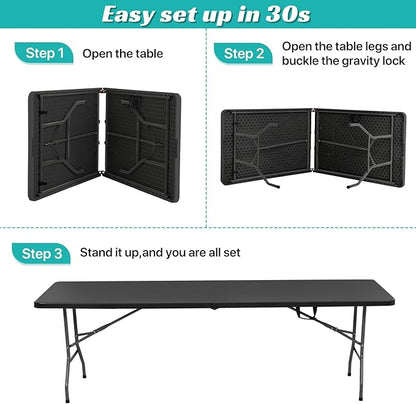 8Ft Folding Table - Heavy Duty Portable Camping Table for Backyard BBQ, Picnic Party, Tailgating & Indoor Events - Water-Resistant Top, Sturdy Steel Frame, Anti-Tip Design, Easy Clean, Black