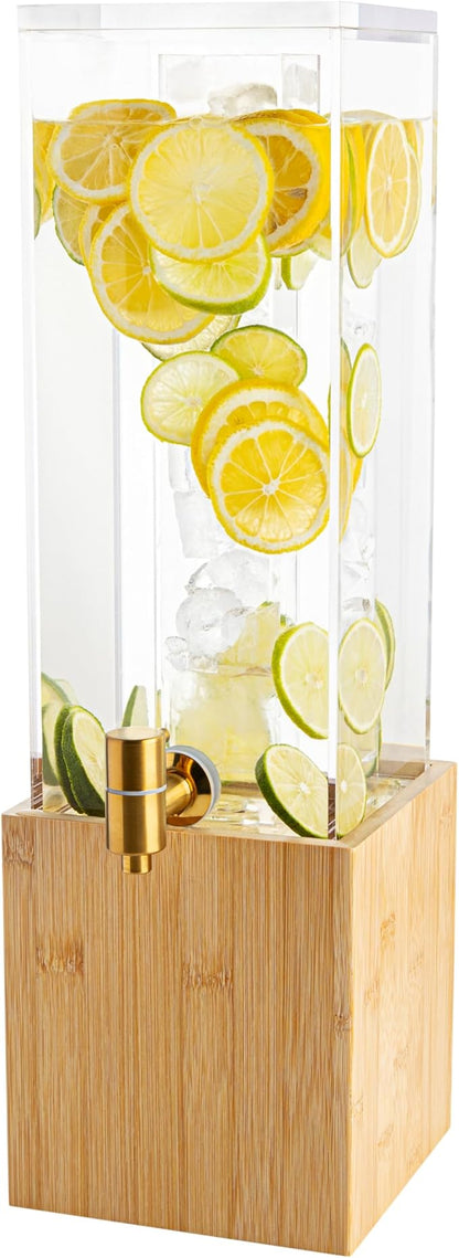 1.25 Gallon Acrylic Beverage Dispenser with Bamboo Stand – Iced Drink Dispenser with Stainless Steel Spigot & Built-in Ice Core