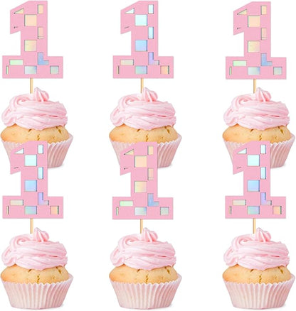Ercadio 24Pcs Pink Number 1 Cupcake Toppers Checkered Pink One Cupcake Picks for Smiley Assorted Racing Car Theme Baby Girls 1st Birthday Party Cake Decoration Supplies