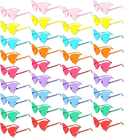 Pibupibu 36 Pcs Rimless Heart/Star/Butterfly/Flame/Cateye Party Sunglasses Bulk for Women Men, Fun Bachelor Party Glasses