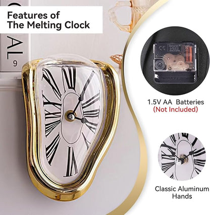 Melting Shelf Clock Art Decor - Salvador Dali Surreal Dripping, 8x4 in Bright Gold Polished Shelf & Desk Gift