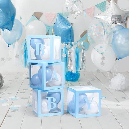 Voircoloria Baby Boxes with 42pcs Letters for Baby Shower Transparent Balloon Boxes Clear Balloon Box Blocks for Boy Girl Gender Reveal Party and Birthday Party (Blue)