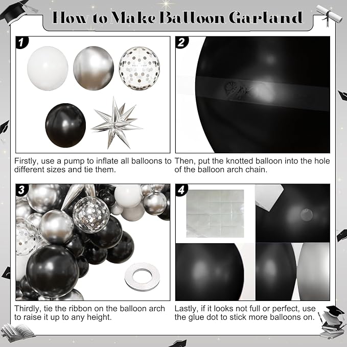 Black Silver Balloon Arch Kit Graduation Decorations 2026, 130Pcs Black and Gold Balloons and Foil Star Balloon with Confetti Ribbons Grad Party Decorations for College High School Class of 2026