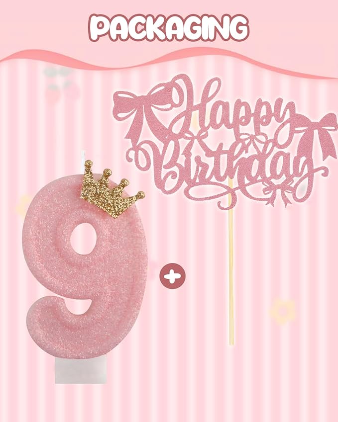 Birthday Candles for Cake, Pink Number Candles, Cake Candles with Cake Topper for Birthday Party Wedding Anniversary Celebrations (9 Candle)