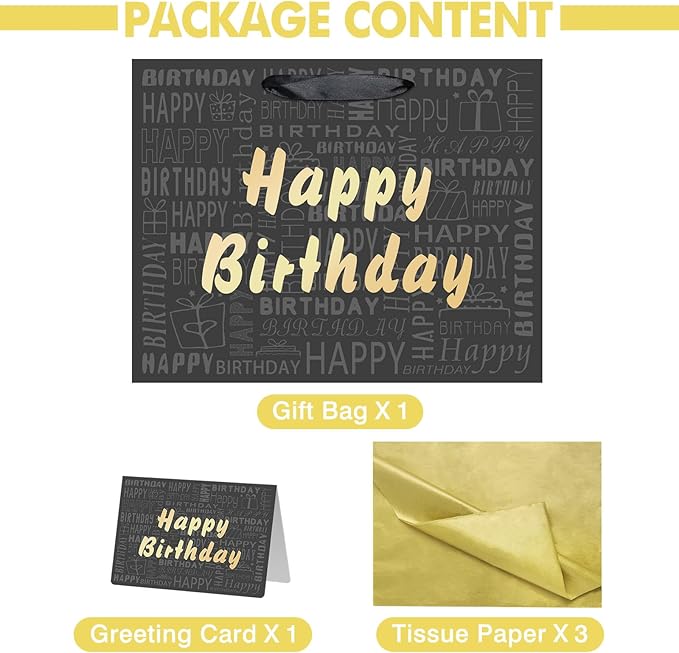 Laidans 13" Large Black and Gold Happy Birthday Gift Bag with Tissue Paper and Card for Men Women Birthday