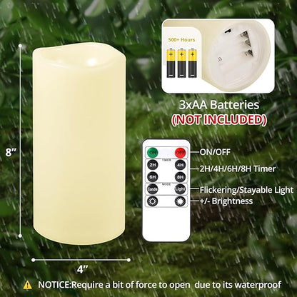 NURADA 8" x 4" Large Outdoor Flameless Candles - Waterproof LED Pillar Flickering Candle Battery Operated with Timer Remote Control for Patio Porch Lanterns Decor - Long Lasting Set of 2