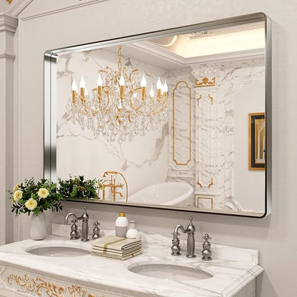 LOAAO 60X40 Inch Brushed Nickel Bathroom Mirror, Rounded Rectangle Silver Metal Frame Mirror, Brushed Nickel, Anti-Rust, Shatter Proof, Hangs Horizontally or Vertically