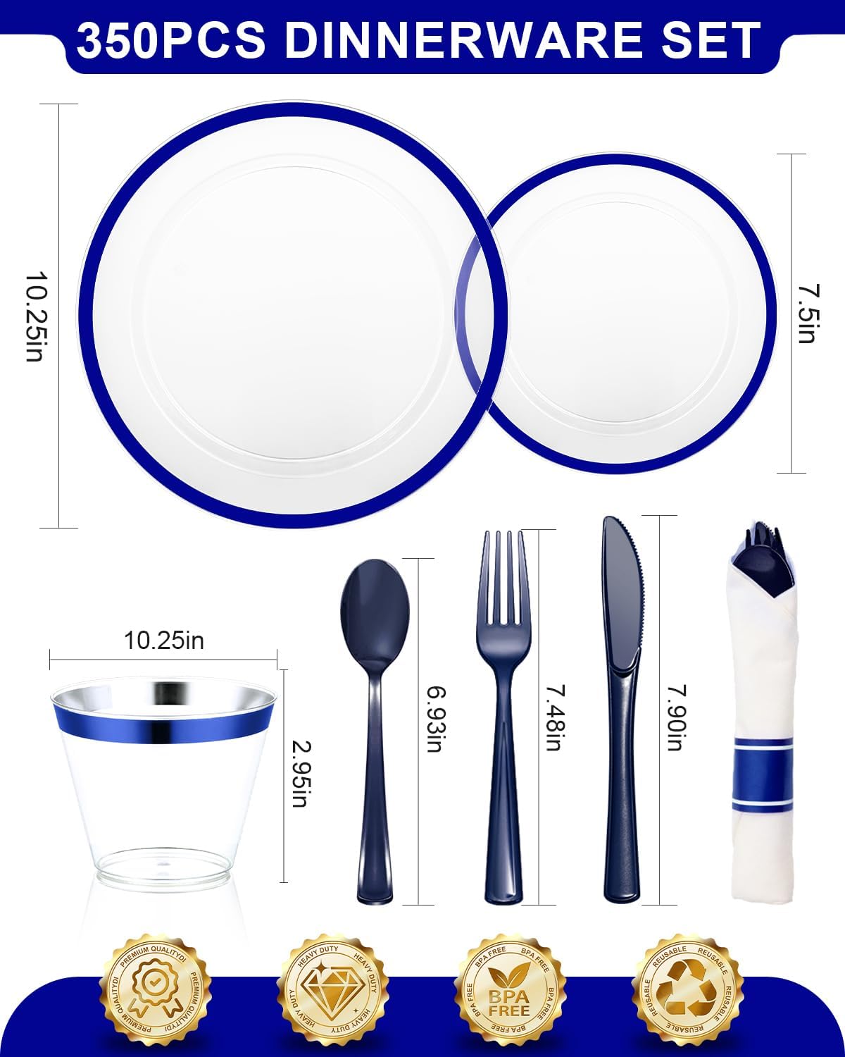 350PCS Plastic Plates for Party, Disposable Clear Blue Dinnerware Set for 50 Guests,100 Plastic Plates, 50 Cups, 50 Pre-Rolled Napkins with Cutlery for Party, Thanksgiving, Christmas, Wedding