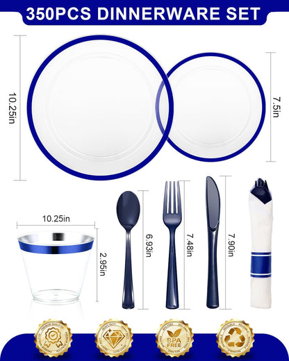 350PCS Plastic Plates for Party, Disposable Clear Blue Dinnerware Set for 50 Guests,100 Plastic Plates, 50 Cups, 50 Pre-Rolled Napkins with Cutlery for Party, Thanksgiving, Christmas, Wedding