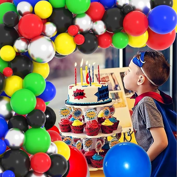 Red Yellow Blue Green Black Balloon Garland Arch Kit - Blue Black Silver Balloons Hero Balloon Video Game Balloons for Baby Shower Birthday Graduation Anniversary Party Decorations