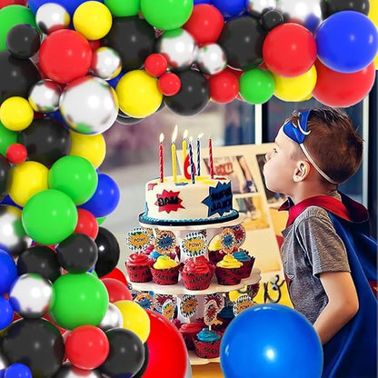 Red Yellow Blue Green Black Balloon Garland Arch Kit - Blue Black Silver Balloons Hero Balloon Video Game Balloons for Baby Shower Birthday Graduation Anniversary Party Decorations