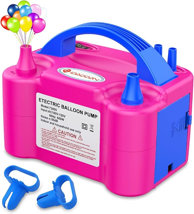 IDAODAN Electric Balloon Pump, Portable Electric Balloon Blower Machine Balloon Air Pump Dual Nozzle Rose Red 110V 600W Balloon Inflator for Party Decorations