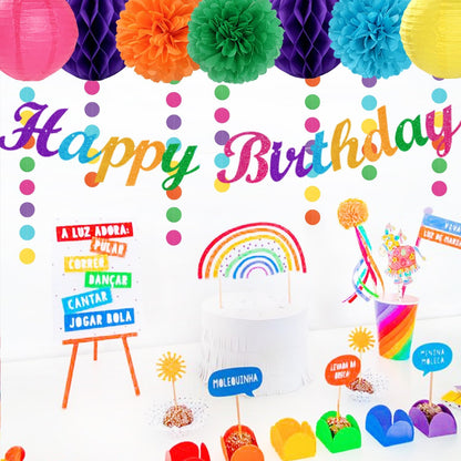 Rainbow Friends Colorful Birthday Party-decorations - 21pcs Girls Boys Happy Banner Garland, Paper Streamers Lanterns,Flower Tissue Pom Poms Fan Supplies,Wall Backdrop Decor Huglony