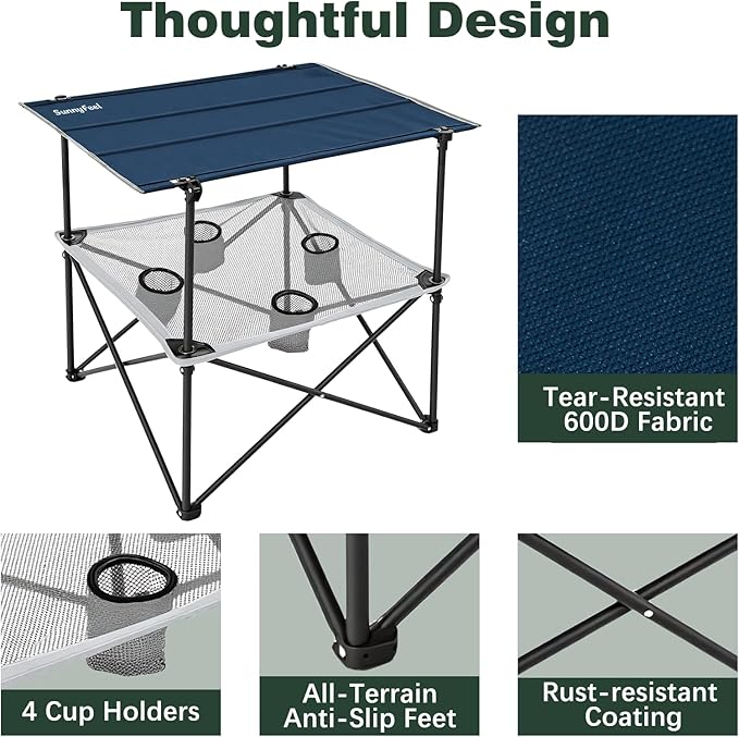SUNNYFEEL Folding Camping Table- Collapsible Portable Beach Table with 4 Cup Holders & Carry Bags, Tailgate Table for Outdoor Excursion Picnic Hiking Fishing Travel Parties, Blue