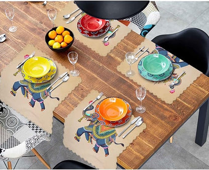 Yibeas Elephant with Jockey Cloth Napkins Dinner Table Napkins Traditional Indian Rajasthani Wall Painting Washable Reusable Napkins Set of 4 Home Holiday Party Wedding 18 x 18 inch