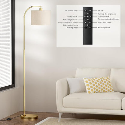 Ambimall Arc Floor Lamp with Remote and Stepless Dimmable Bulb, Colors Temperature & Brightness Adjustable, Gold Floor Lamps for Living Room（Deep Beige Shade & Gold Pole）