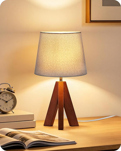 Tripod Table Lamp, 14.6" Small Bedside Lamp with Gray Linen Shade & Dark Wood Base, Modern Nightstand Lamp for Bedroom, Kids Room, Living Room, Nursery, Office, E26 Socket, LH51TL05