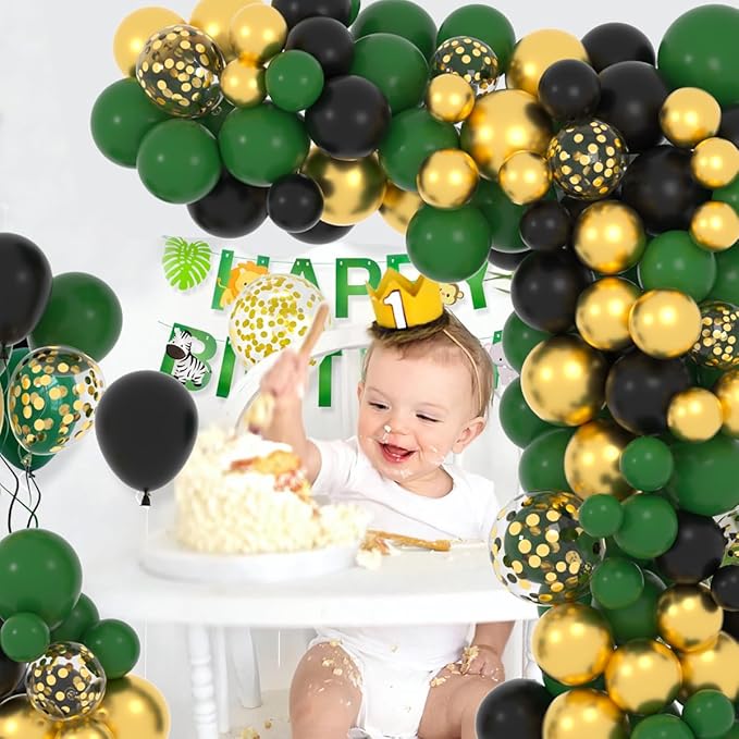 Dark Green Black Gold Balloon Garland Arch Kit, 122PCS Black Dark Green Metallic Gold Confetti Balloon for Jungle Birthday Wedding Anniversary Retirement Graduation Football Army Camo Party Decoration
