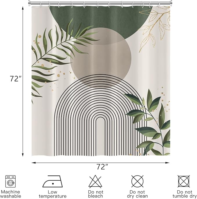 Boho Mid Century Shower Curtain, Green Modern Minimalist Abstract Geometric Gold Plant Leaves Sun Arch Bathroom Curtains Waterproof Fabric Buthtub Curtain Set with Hooks 72" Wx72 L