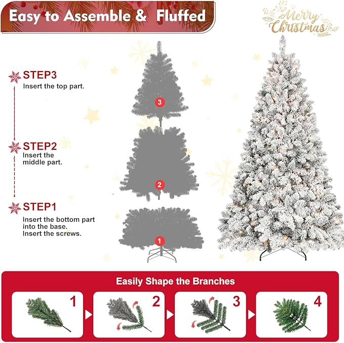 9FT Prelit Flocked Christmas Tree with 850 Lights & 2240 Branch Tips, Pre Lit Hinged Xmas Tree with Memory Wire Technology, Premium Artificial Christmas Tree with Pine Cone for Holiday Decoration