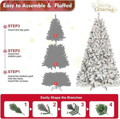 9FT Prelit Flocked Christmas Tree with 850 Lights & 2240 Branch Tips, Pre Lit Hinged Xmas Tree with Memory Wire Technology, Premium Artificial Christmas Tree with Pine Cone for Holiday Decoration