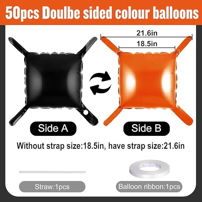 50Pcs Black and Orange Square Foil Balloons Wall Backdrop, Double Sided Metallic Foil Balloons Tunnel Arch Garland Kit for Photo Booth Birthday Wedding Halloween Christmas Party Decorations