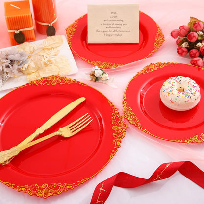 Morejoy 175PCS Red Plastic Plates,Red Disposable Plates With Gold Rim,Red and Gold Plastic Dinnerware Set Includes: 50 Plates,25 Silverware Sets,25 Cups,25 Napkins,Perfect for Party,Wedding
