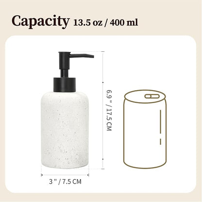 13.5 oz Bathroom & Kitchen Countertop Soap Dispenser, Travertine-Look Durable Resin Bottle with ABS Pump (White)
