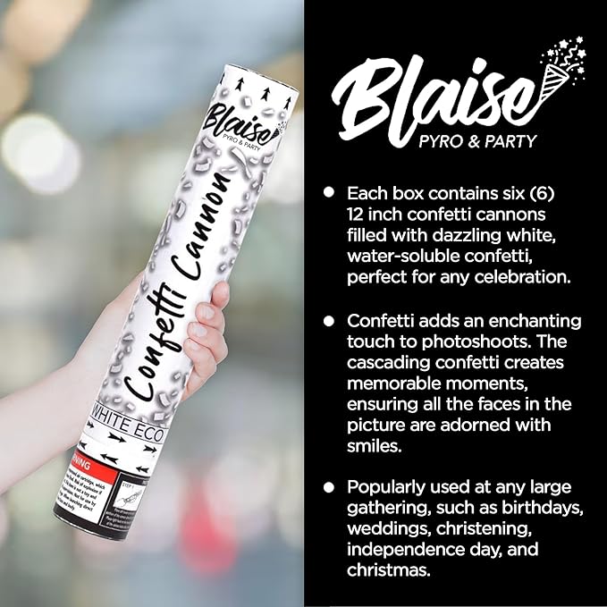 Blaise Pyro & Party White Confetti Poppers - Large Confetti Poppers for Weddings, Engangements, & Graduations - Water-Soluble & Easy Clean-Up - 6 Pack, 12 Inch