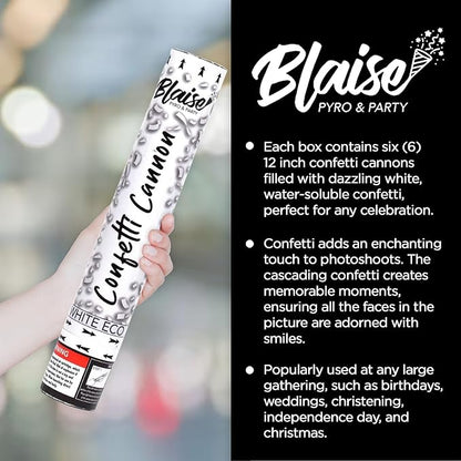 Blaise Pyro & Party White Confetti Poppers - Large Confetti Poppers for Weddings, Engangements, & Graduations - Water-Soluble & Easy Clean-Up - 6 Pack, 12 Inch