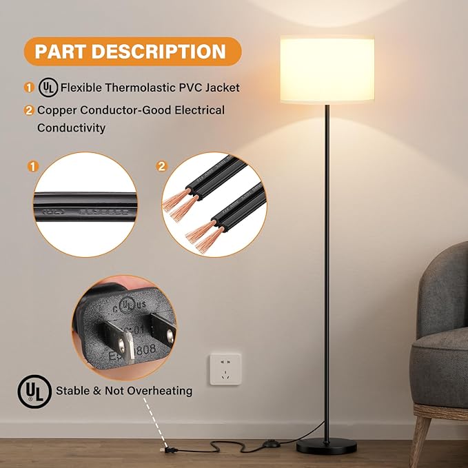Modern Floor Lamp Simple Design with White Shade, Foot Pedal Switch, 60" Small Tall Lamps for Living Room Bedroom Office Dining Room Kitchen, Black Pole Lamp(Without Bulb)