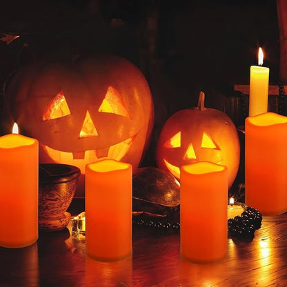 NURADA 8" x 4" Large Outdoor Flameless Candles - Waterproof LED Pillar Flickering Candle Battery Operated with Timer Remote for Patio Porch Lanterns Halloween Thanksgiving Fall Decor - 2 Pack Orange