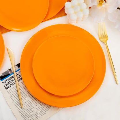 PULOTE 100PCS Orange Plastic Plates - Premium Hard Orange Disposable Include 50 Each(10.25 Inch Dinner & 7.5 Inch Dessert) Plates, Ideal for Thanksgiving Party