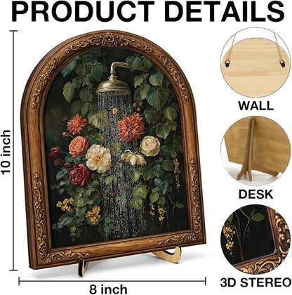 Vintage Floral Shower Table Decor Sign Framed, Vintage Botanical Flower Wall Art Sign, Nature Inspired Bathroom Wall Decor for Wall Home Living Room 8x10 Inch